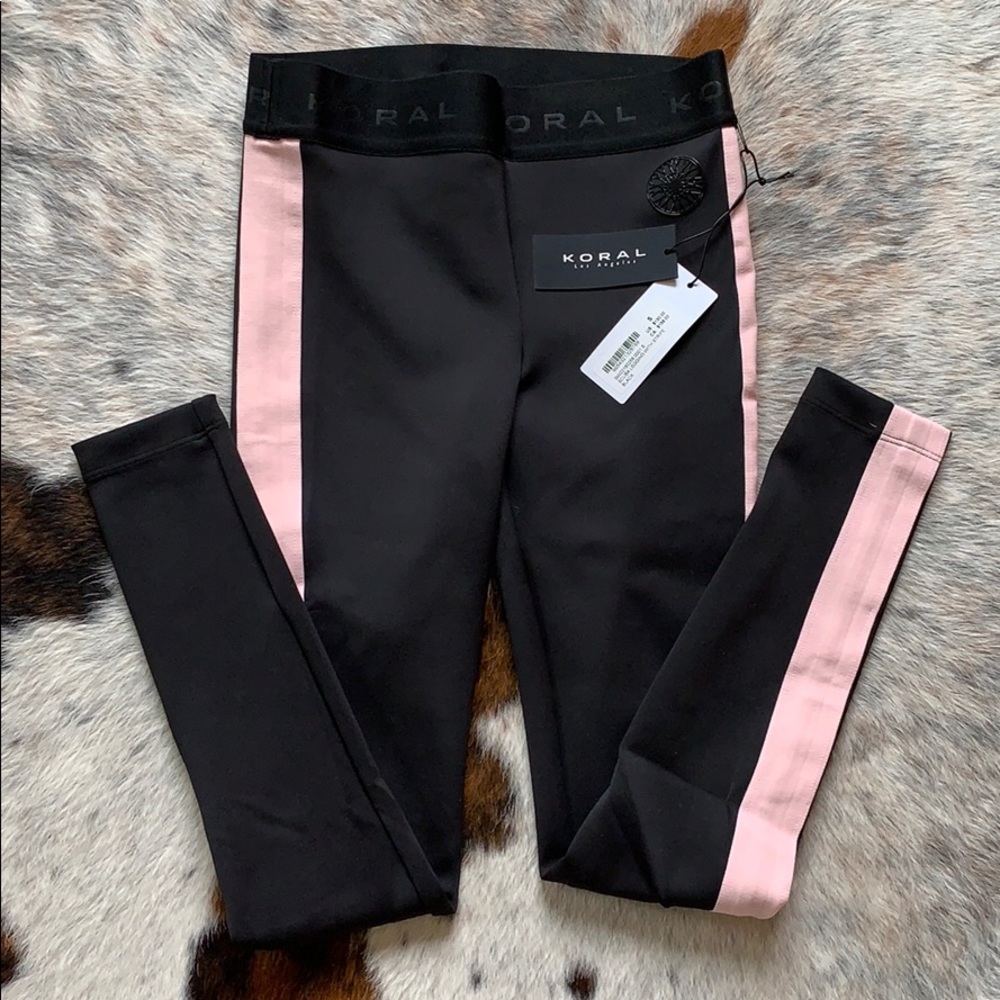 Black with pink tuxedo stripes workout leggings
